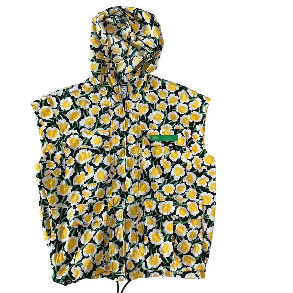 Diane Von Furstenberg Yellow Floral Zip‎ Pockets Hooded Windbreaker Vest Medium